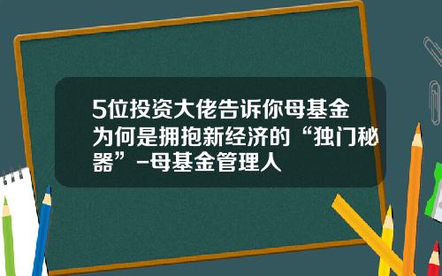 5位投资大佬告诉你母基金为何是拥抱新经济的“独门秘器”-母基金管理人