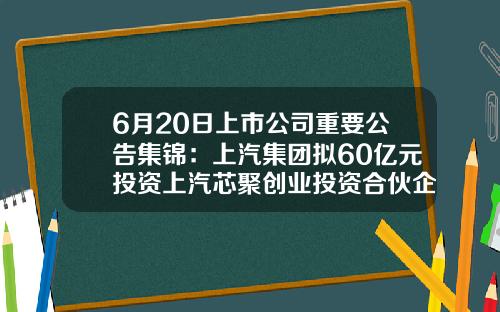 6月20日上市公司重要公告集锦：上汽集团拟60亿元投资上汽芯聚创业投资合伙企业-上市公司变更股本